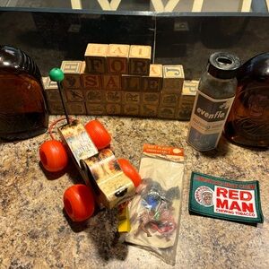 Vintage Items Lot: Log Cabin, Fisher Price, Evenflo, RedMan, Snoopy, Uncle Goose